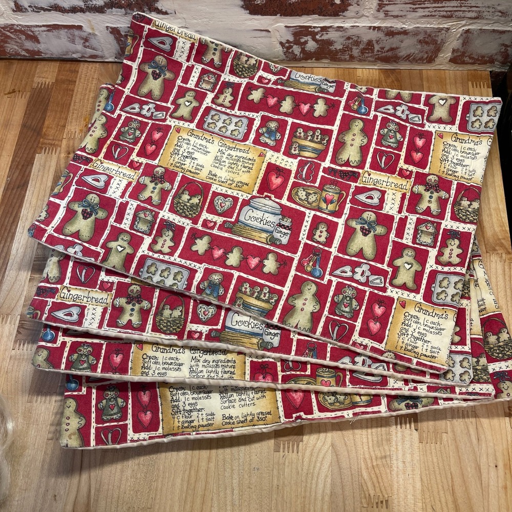 Set of 4 Vintage Quilted Gingerbread Christmas Placemats Red Holiday Decor